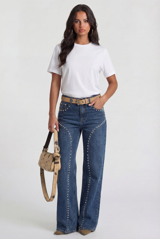 Wide Leg Denim Jeans Studded Details